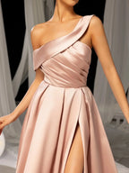 A-Line Sloping Neck Sleeveless Zipper Up Floor-Length Prom Dress
