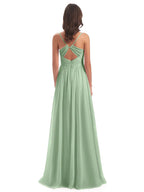 Simple A-Line Spaghetti Straps Sleeveless Chiffon Pleated Floor-Length Bridesmaid Dress