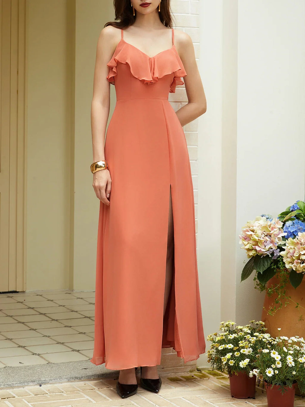 A-Line Spaghetti Straps Sleeveless Zipper Up Floor-Length Prom Dress
