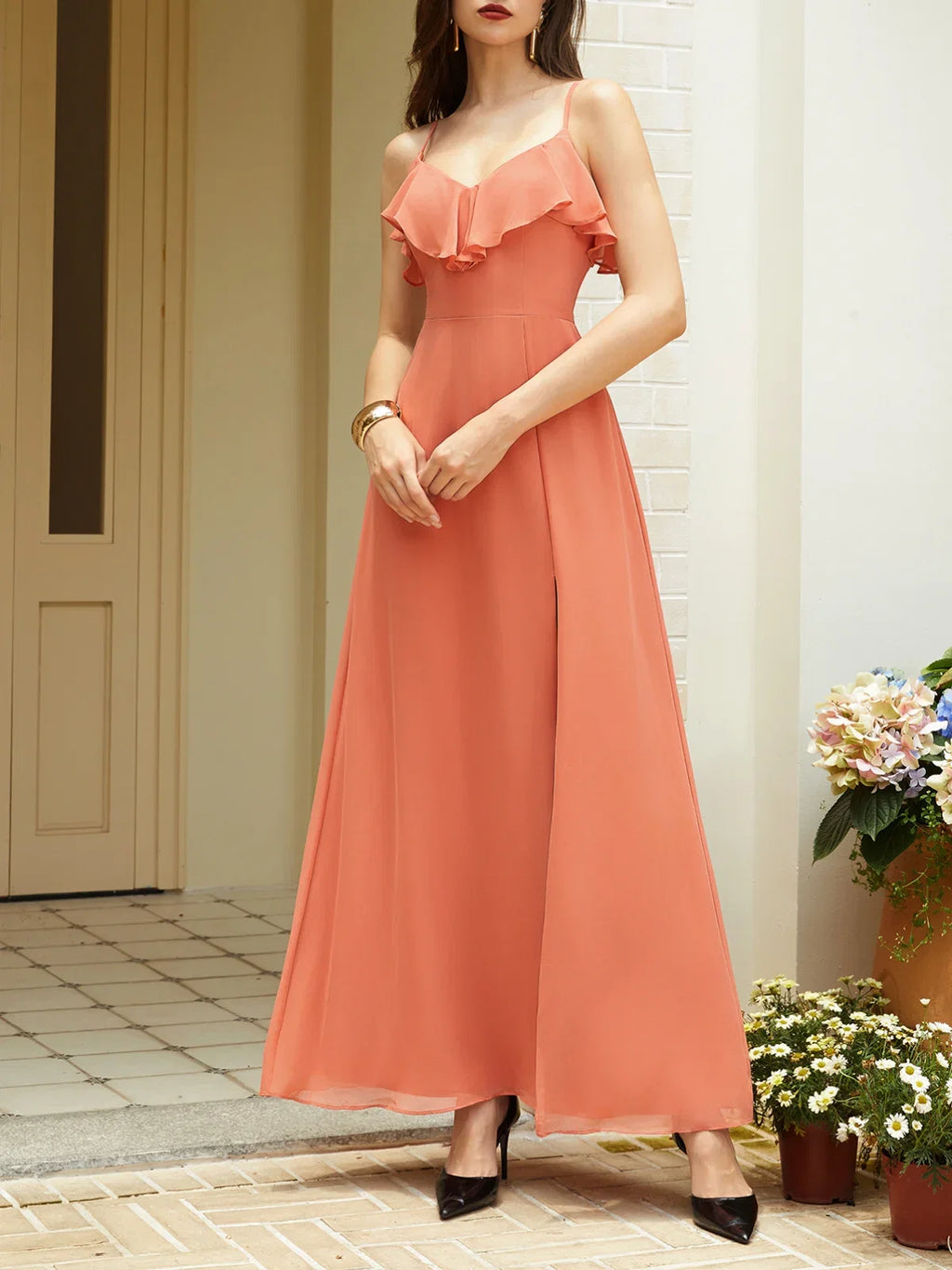 A-Line Spaghetti Straps Sleeveless Zipper Up Floor-Length Prom Dress