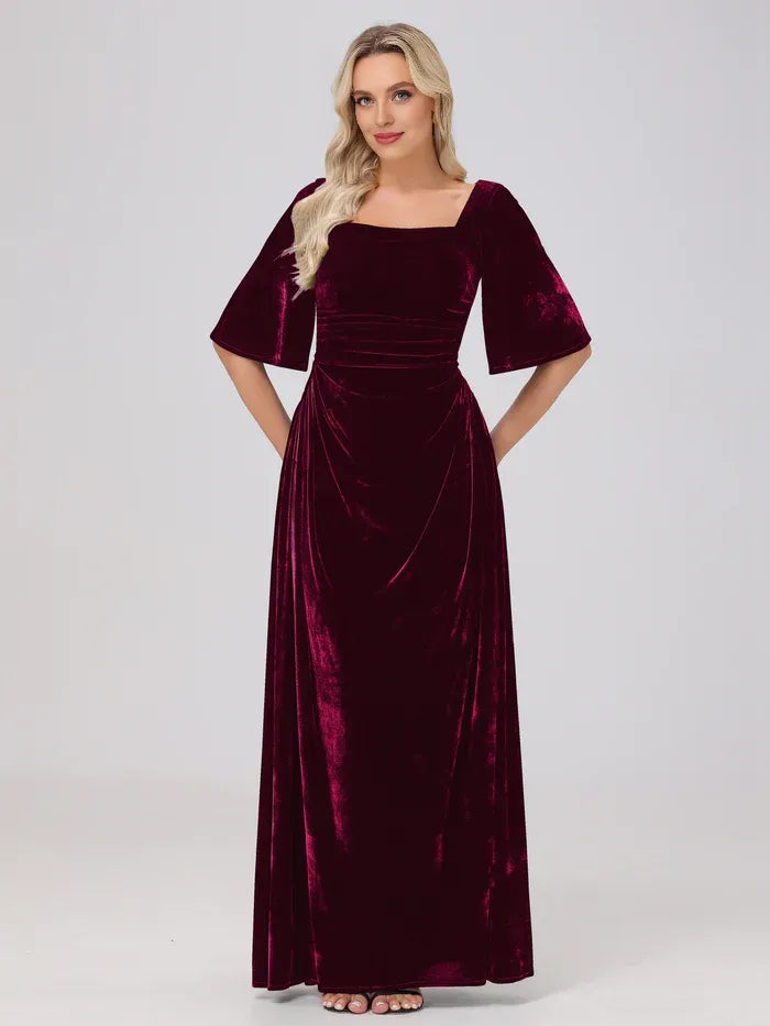 A-Line Square Neck Half Sleeves Floor Length Mother of the Bride Dress