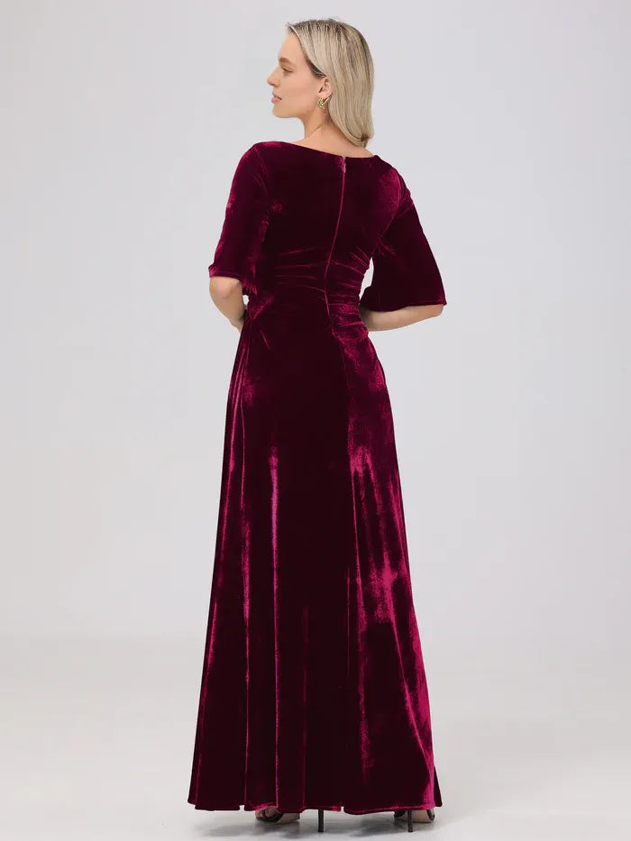 A-Line Square Neck Half Sleeves Floor Length Mother of the Bride Dress