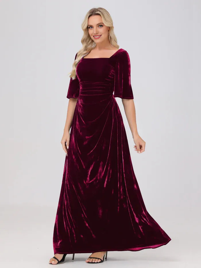 A-Line Square Neck Half Sleeves Floor Length Mother of the Bride Dress