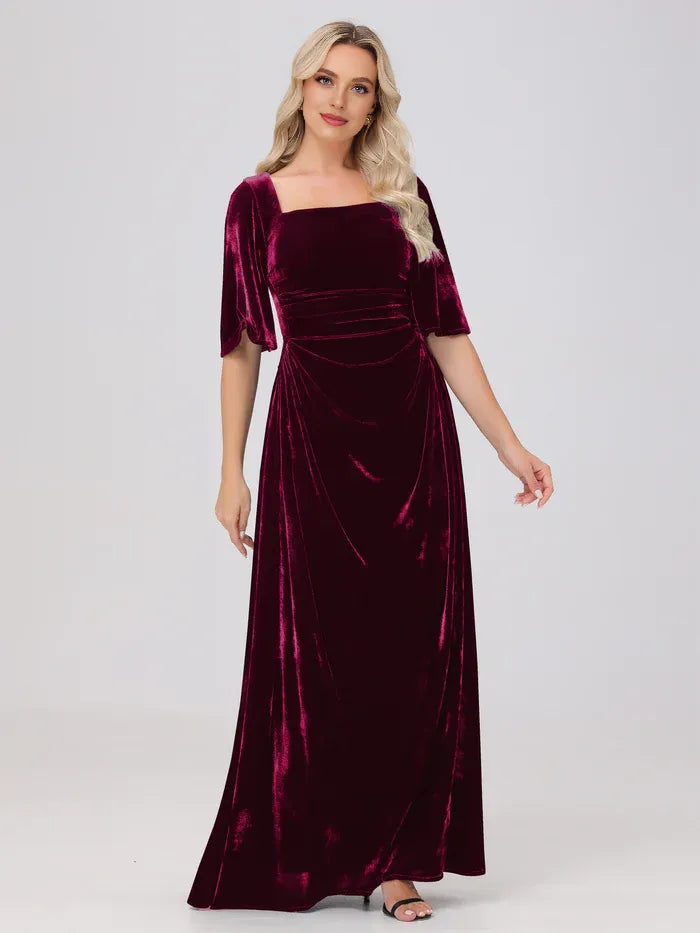 A-Line Square Neck Half Sleeves Floor Length Mother of the Bride Dress