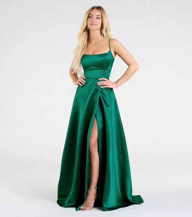 A-Line Square Neck Sleeveless Lace-Up Sweep/Brush Train Prom Dress