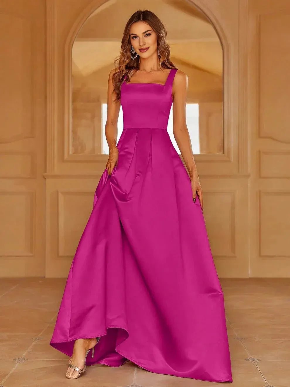 A-Line Square Neck Sleeveless Up Floor-Length Prom Dress