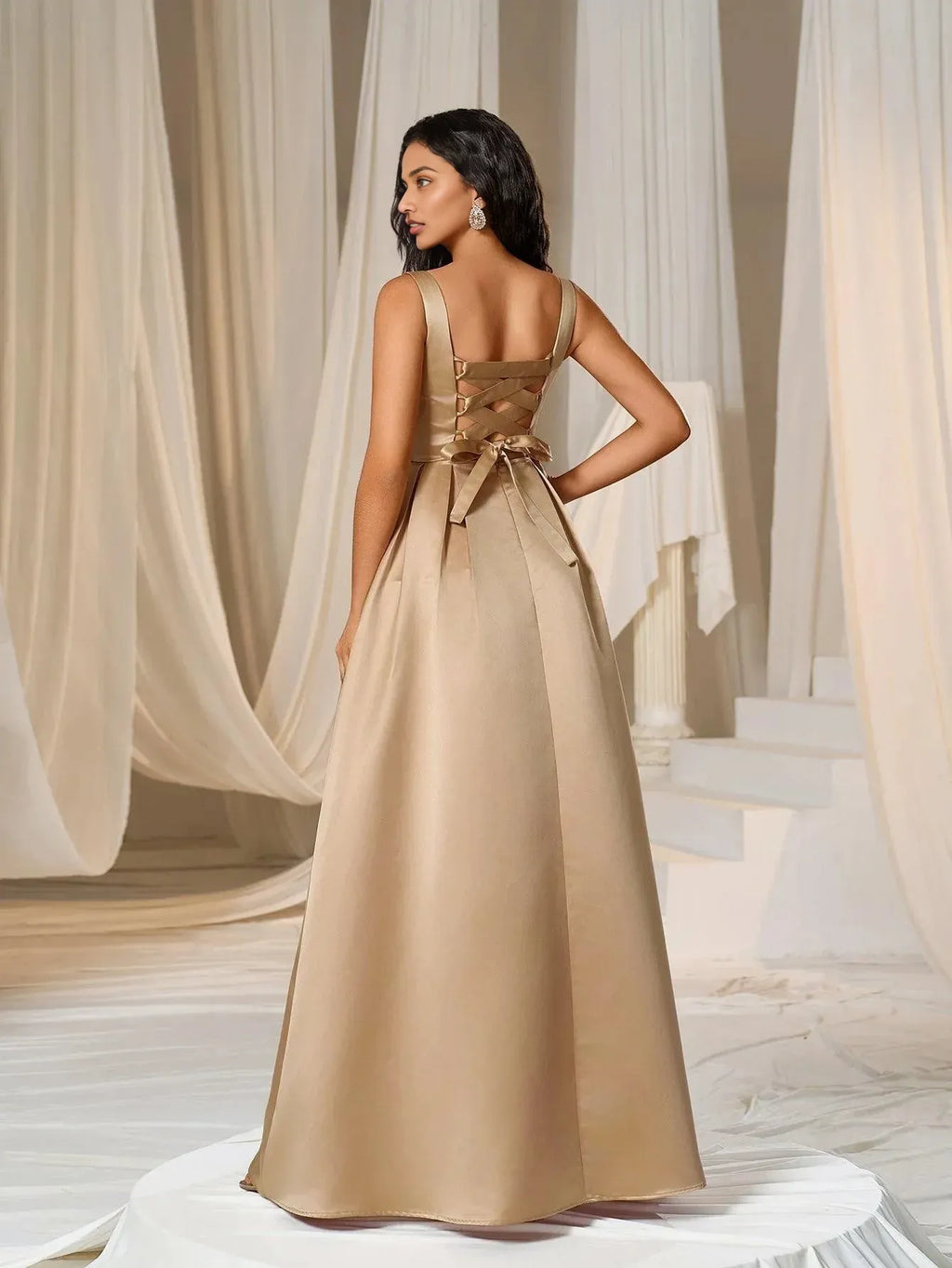 A-Line Square Neck Sleeveless Up Floor-Length Prom Dress