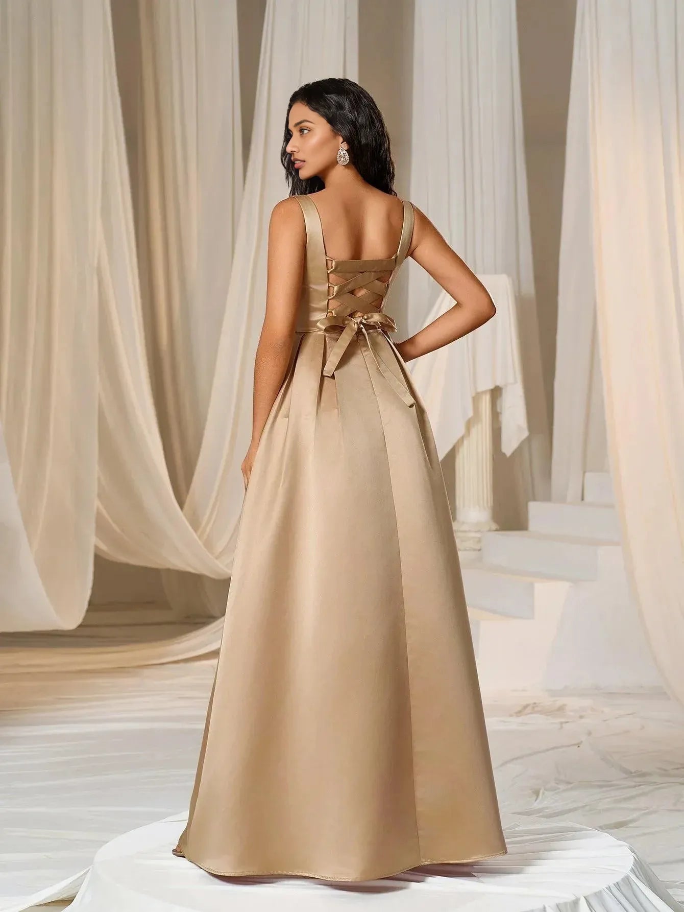 A-Line Square Neck Sleeveless Up Floor-Length Prom Dress