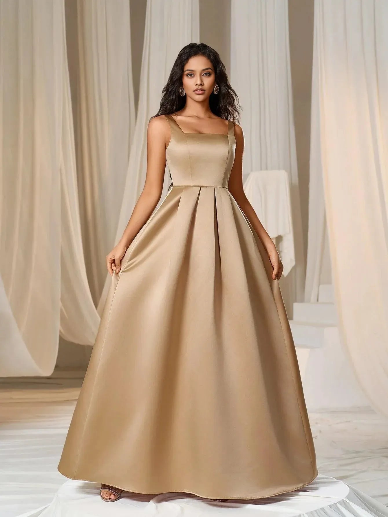A-Line Square Neck Sleeveless Up Floor-Length Prom Dress
