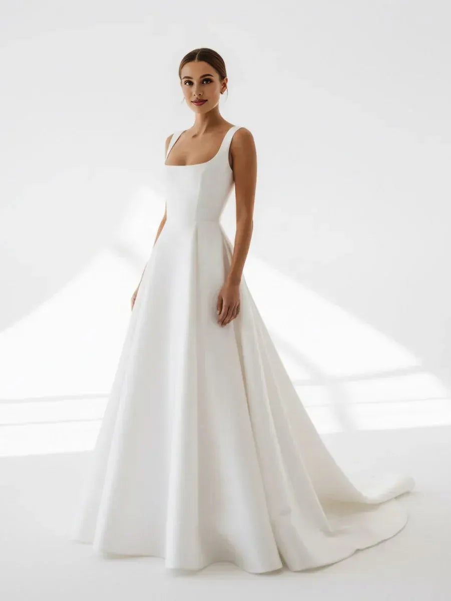 A-Line Square Neck Sleeveless Pleated Sweep Train Wedding Dress