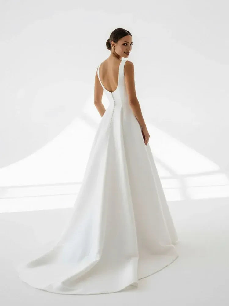 A-Line Square Neck Sleeveless Pleated Sweep Train Wedding Dress