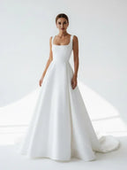 A-Line Square Neck Sleeveless Pleated Sweep Train Wedding Dress