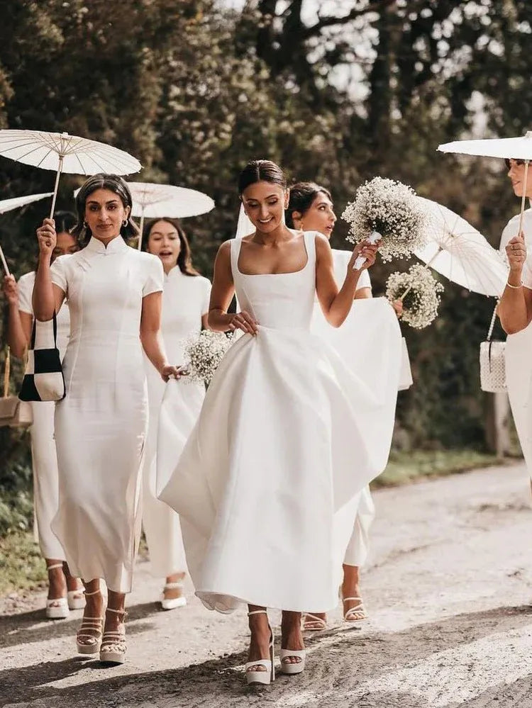 A-Line Square Neck Sleeveless Pleated Sweep Train Wedding Dress