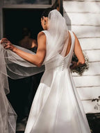A-Line Square Neck Sleeveless Pleated Sweep Train Wedding Dress