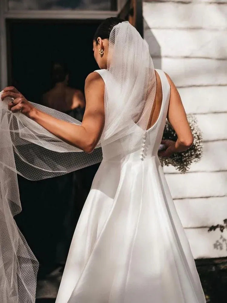 A-Line Square Neck Sleeveless Pleated Sweep Train Wedding Dress