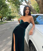 A-Line Strapless Sleeveless Sweep/Brush Train Prom Dress