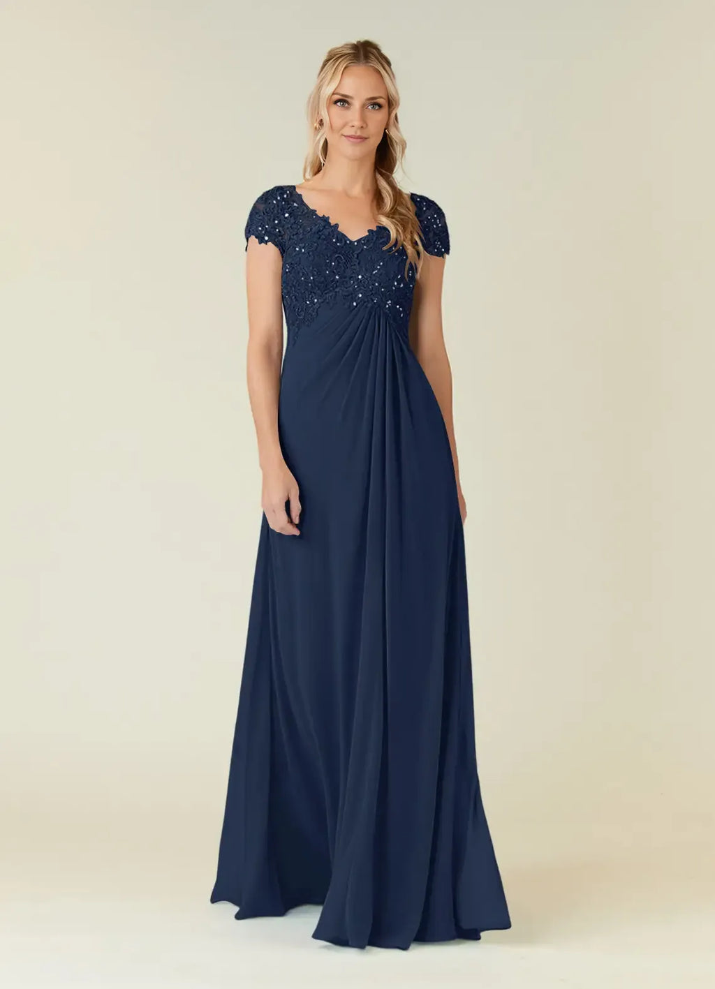 A-Line V-Neck Cap Sleeves Keyhole Floor-Length Mother of the Bride Dress