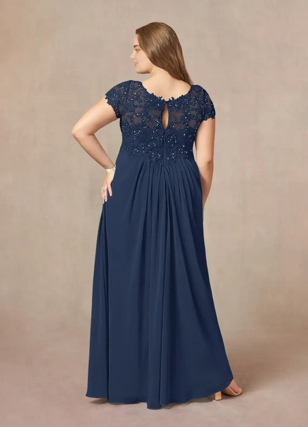 A-Line V-Neck Cap Sleeves Keyhole Floor-Length Plus Size Mother of the Bride Dress