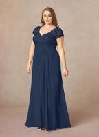A-Line V-Neck Cap Sleeves Keyhole Floor-Length Plus Size Mother of the Bride Dress