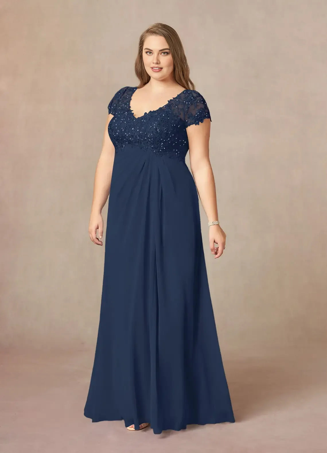 A-Line V-Neck Cap Sleeves Keyhole Floor-Length Plus Size Mother of the Bride Dress