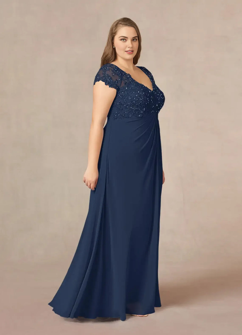 A-Line V-Neck Cap Sleeves Keyhole Floor-Length Plus Size Mother of the Bride Dress