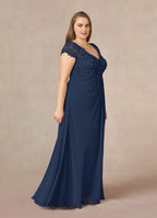A-Line V-Neck Cap Sleeves Keyhole Floor-Length Plus Size Mother of the Bride Dress