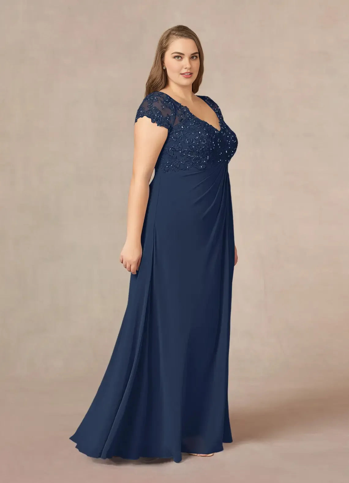 A-Line V-Neck Cap Sleeves Keyhole Floor-Length Plus Size Mother of the Bride Dress