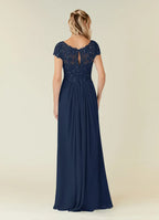 A-Line V-Neck Cap Sleeves Keyhole Floor-Length Mother of the Bride Dress