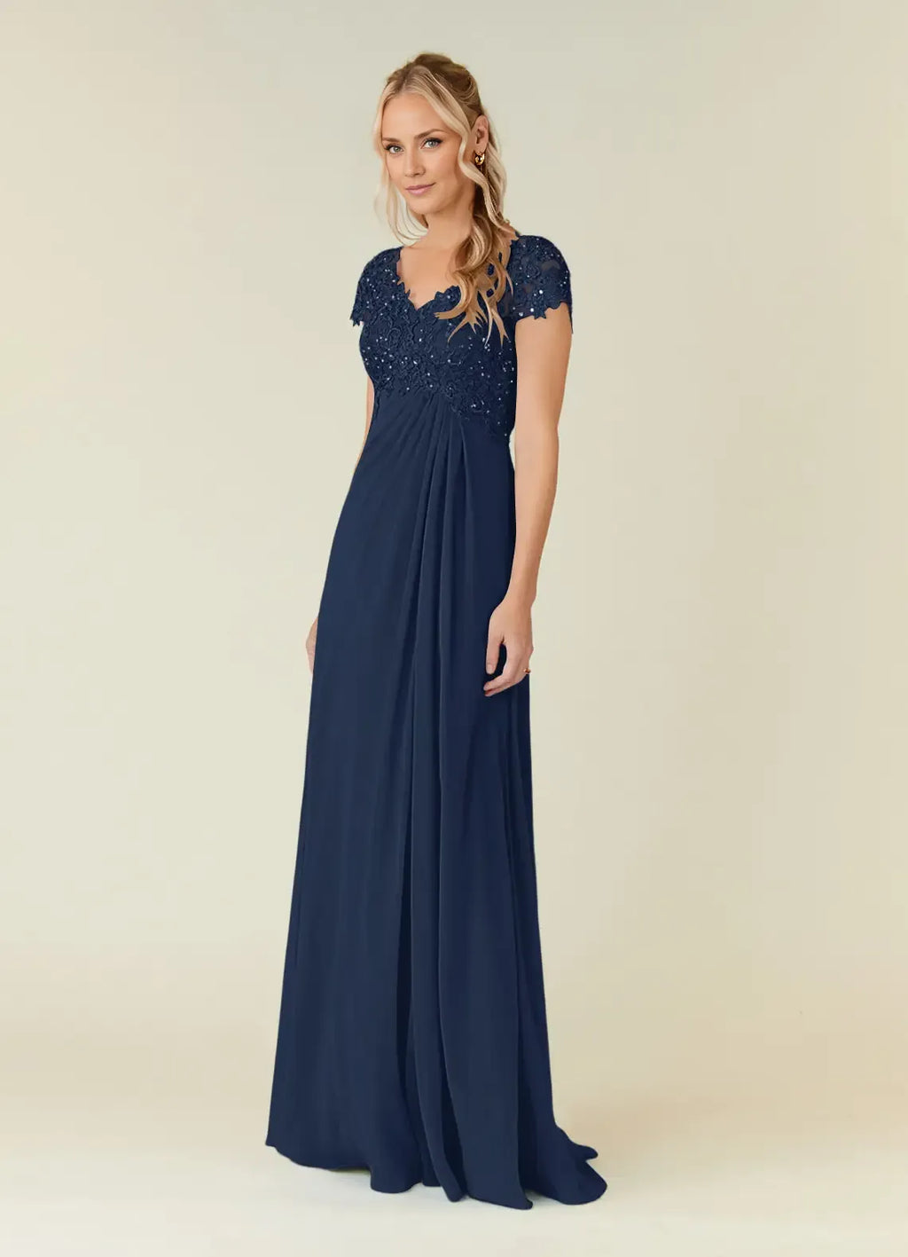 A-Line V-Neck Cap Sleeves Keyhole Floor-Length Mother of the Bride Dress