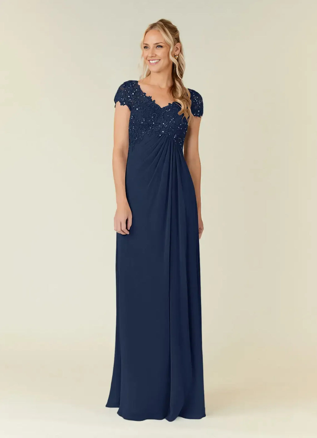 A-Line V-Neck Cap Sleeves Keyhole Floor-Length Mother of the Bride Dress