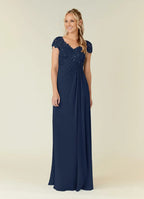 A-Line V-Neck Cap Sleeves Keyhole Floor-Length Mother of the Bride Dress