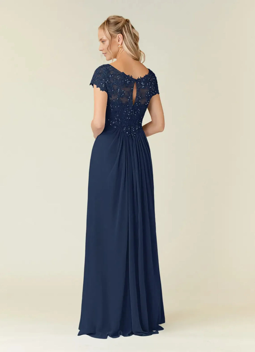 A-Line V-Neck Cap Sleeves Keyhole Floor-Length Mother of the Bride Dress
