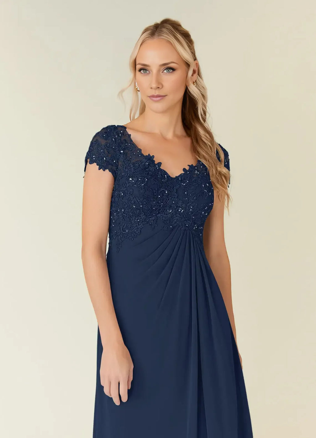 A-Line V-Neck Cap Sleeves Keyhole Floor-Length Mother of the Bride Dress