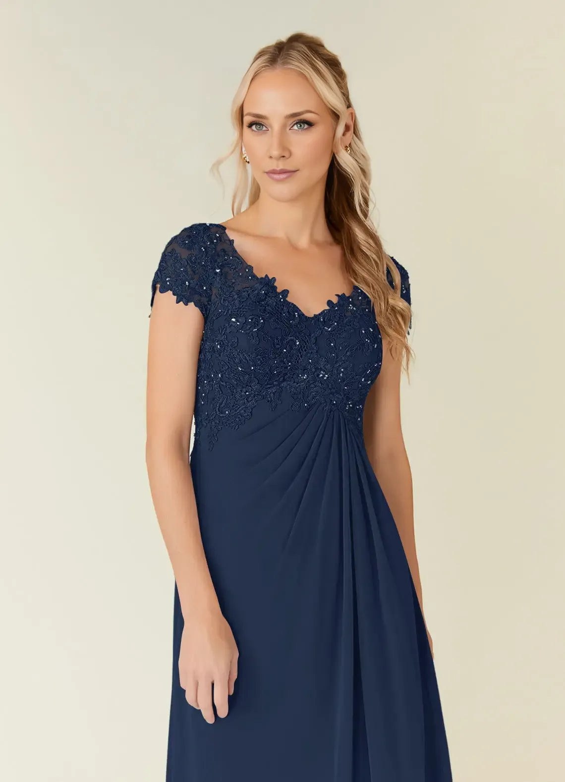 A-Line V-Neck Cap Sleeves Keyhole Floor-Length Mother of the Bride Dress