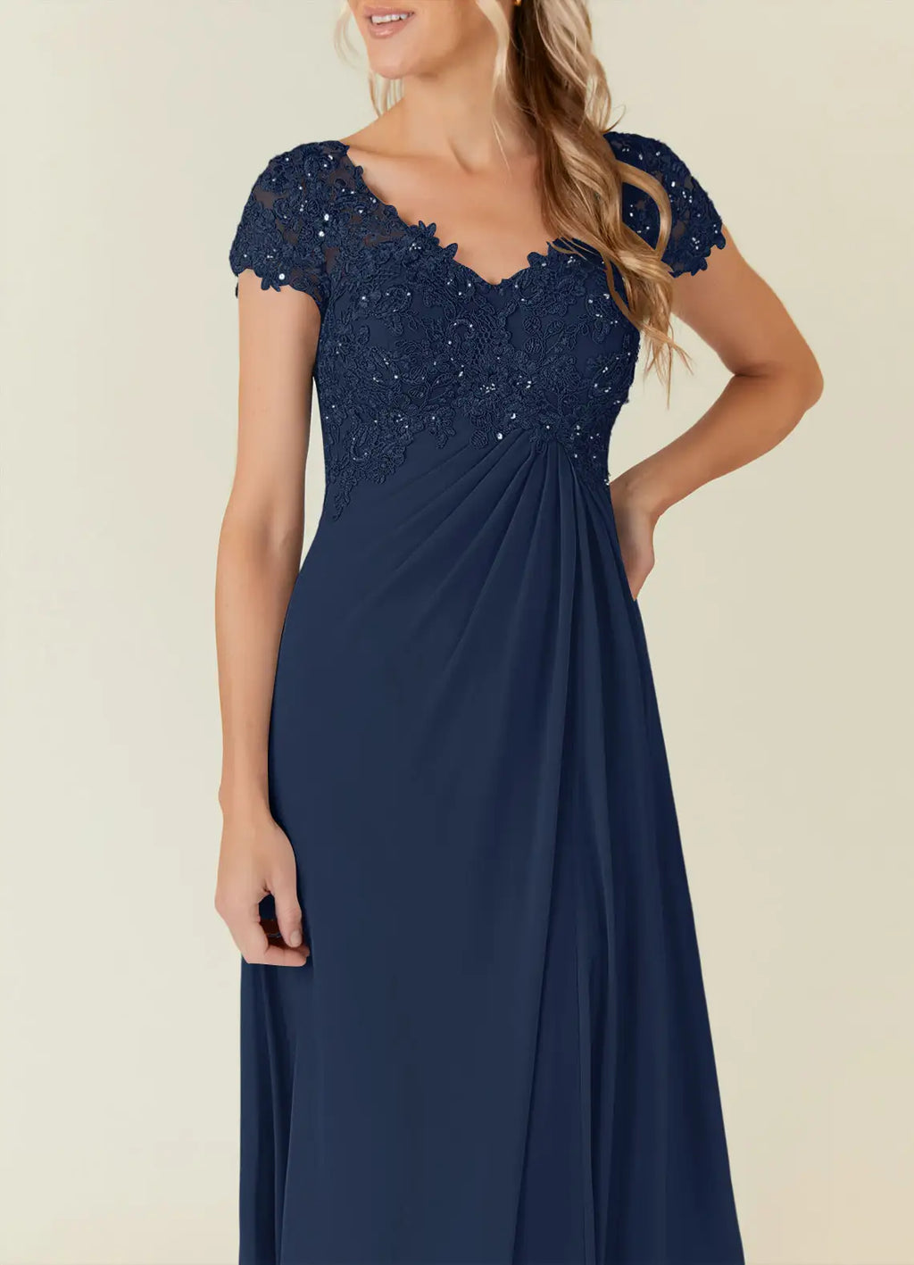 A-Line V-Neck Cap Sleeves Keyhole Floor-Length Mother of the Bride Dress