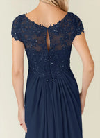 A-Line V-Neck Cap Sleeves Keyhole Floor-Length Mother of the Bride Dress