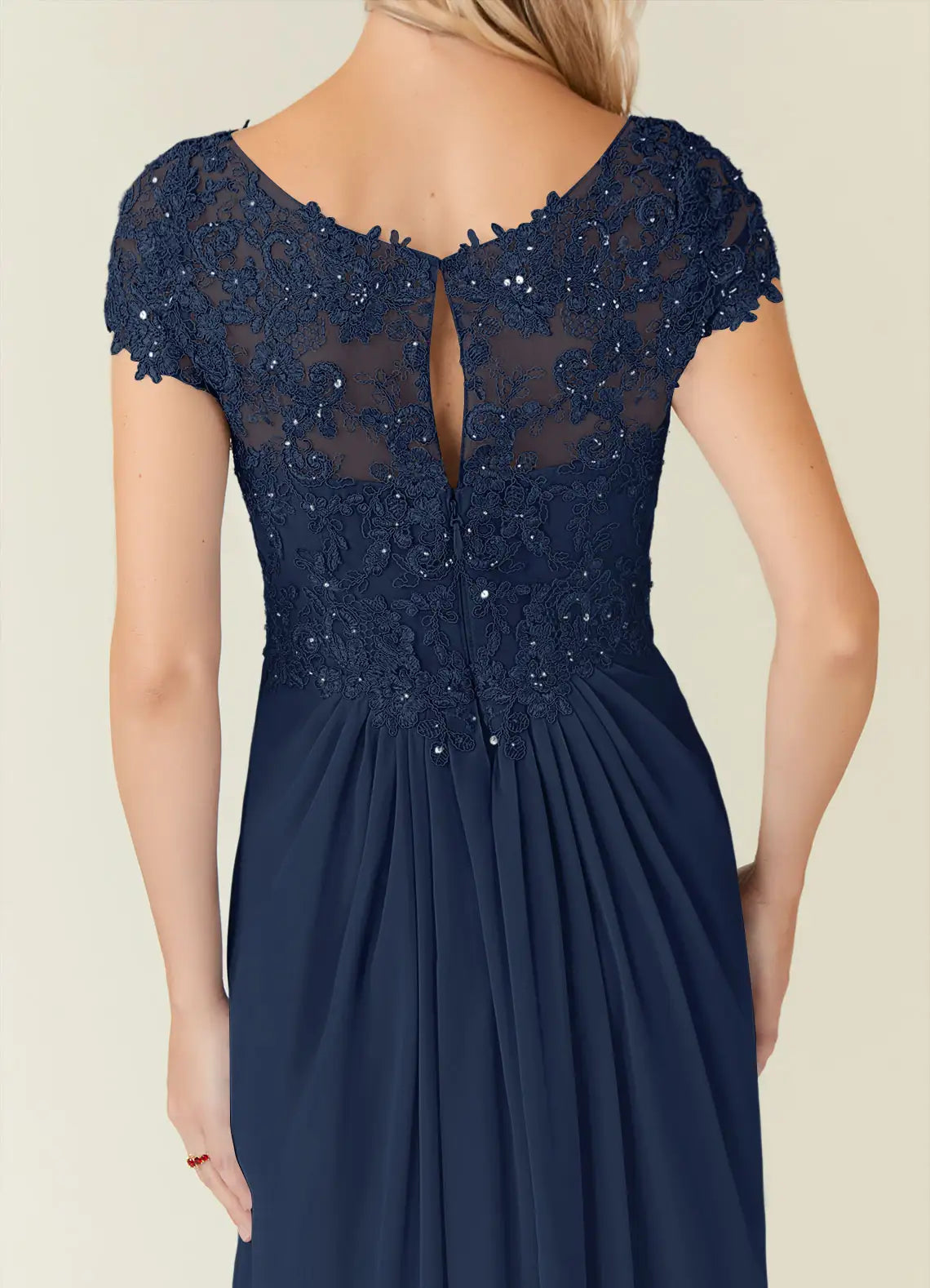 A-Line V-Neck Cap Sleeves Keyhole Floor-Length Mother of the Bride Dress