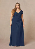 A-Line V-Neck Cap Sleeves Keyhole Floor-Length Plus Size Mother of the Bride Dress