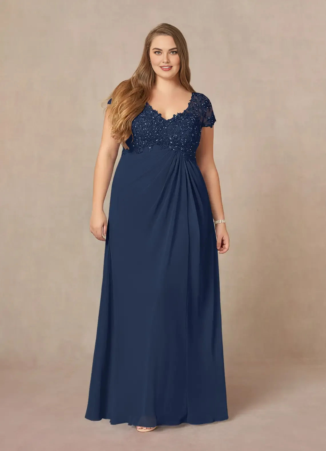 A-Line V-Neck Cap Sleeves Keyhole Floor-Length Plus Size Mother of the Bride Dress