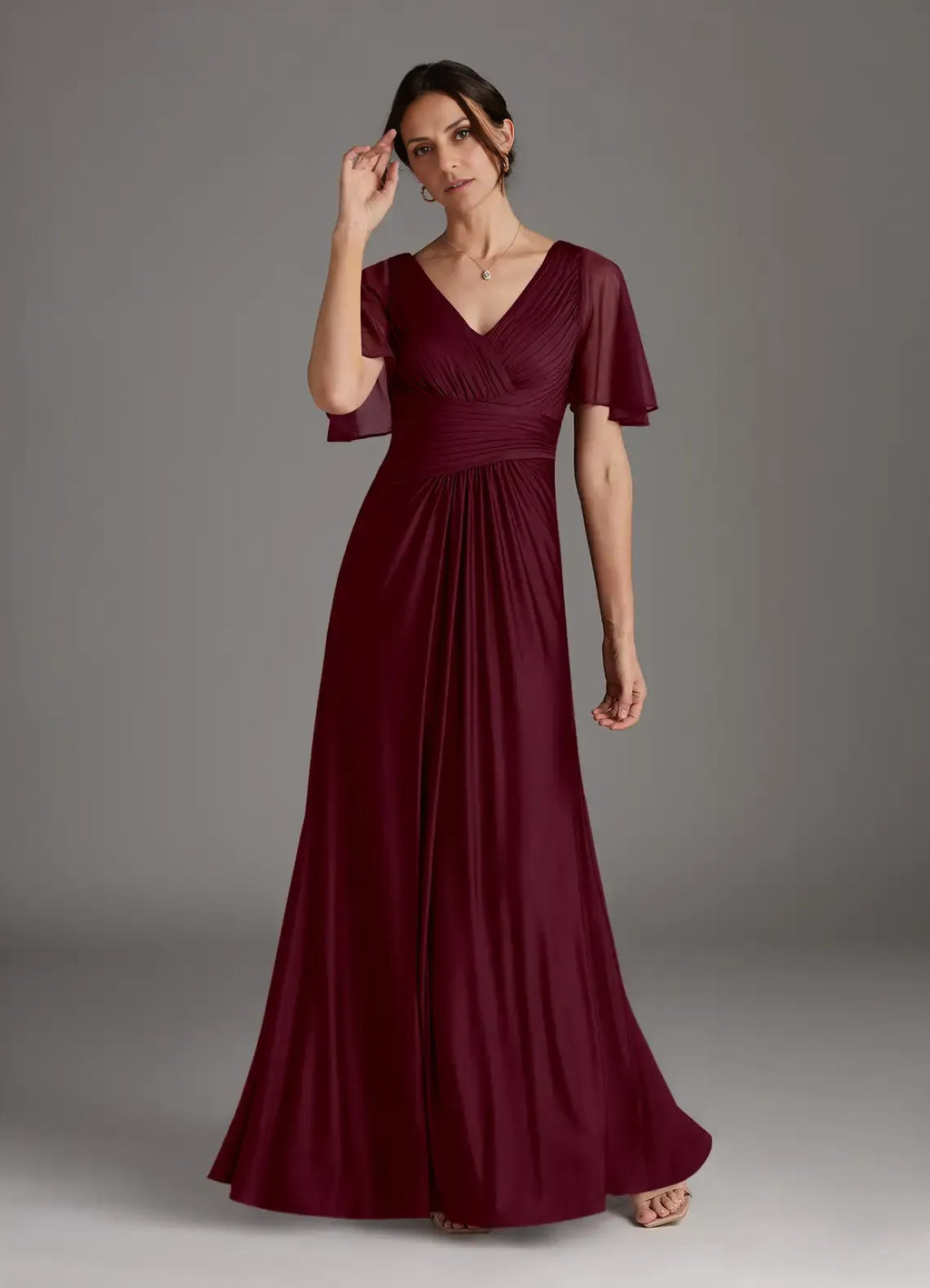 A-Line V-Neck Flutter Sleeve Back Zip Floor-Length Mother of the Bride Dress