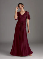 A-Line V-Neck Flutter Sleeve Back Zip Floor-Length Mother of the Bride Dress