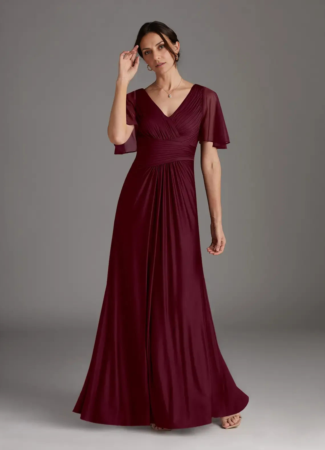 A-Line V-Neck Flutter Sleeve Back Zip Floor-Length Mother of the Bride Dress