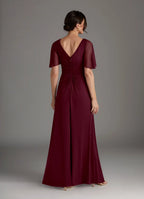 A-Line V-Neck Flutter Sleeve Back Zip Floor-Length Mother of the Bride Dress