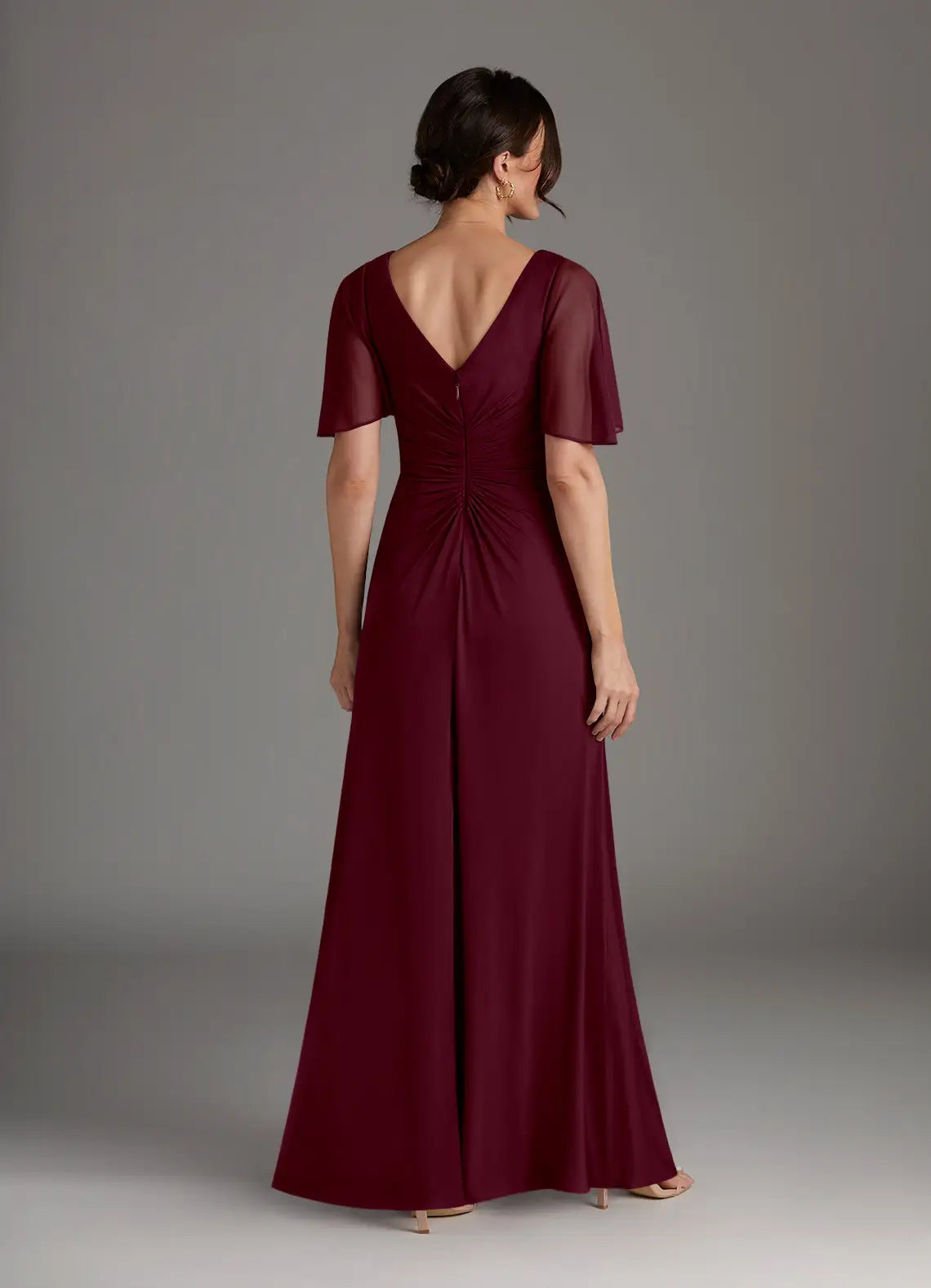 A-Line V-Neck Flutter Sleeve Back Zip Floor-Length Mother of the Bride Dress