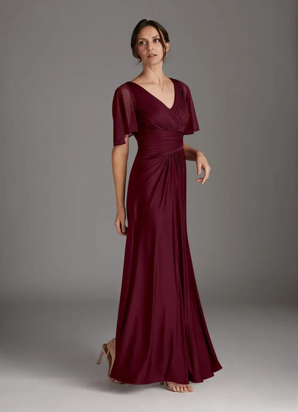 A-Line V-Neck Flutter Sleeve Back Zip Floor-Length Mother of the Bride Dress