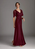 A-Line V-Neck Flutter Sleeve Back Zip Floor-Length Mother of the Bride Dress