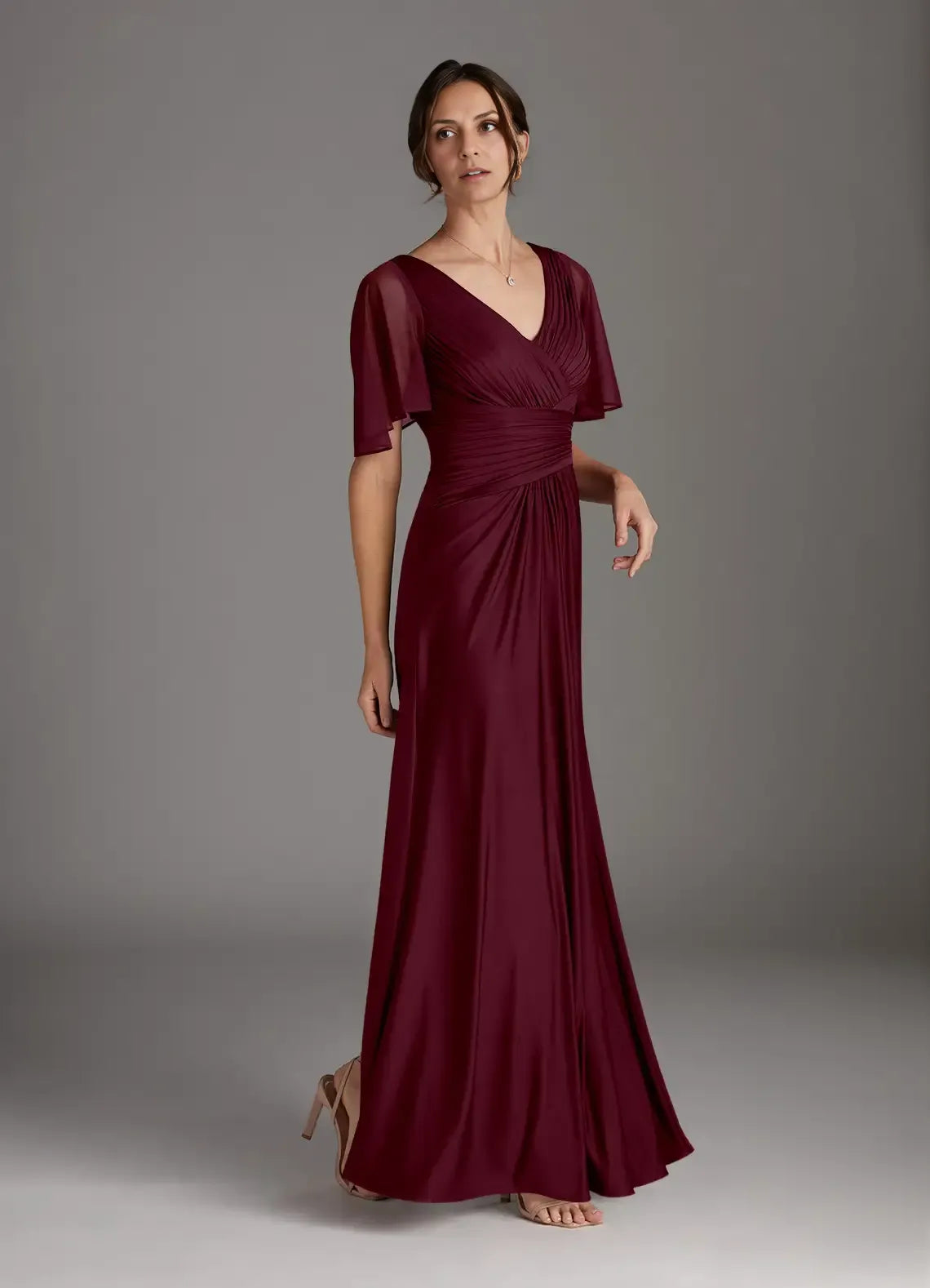 A-Line V-Neck Flutter Sleeve Back Zip Floor-Length Mother of the Bride Dress