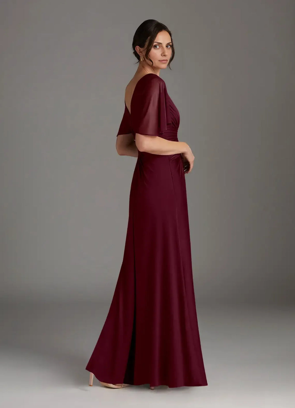 A-Line V-Neck Flutter Sleeve Back Zip Floor-Length Mother of the Bride Dress