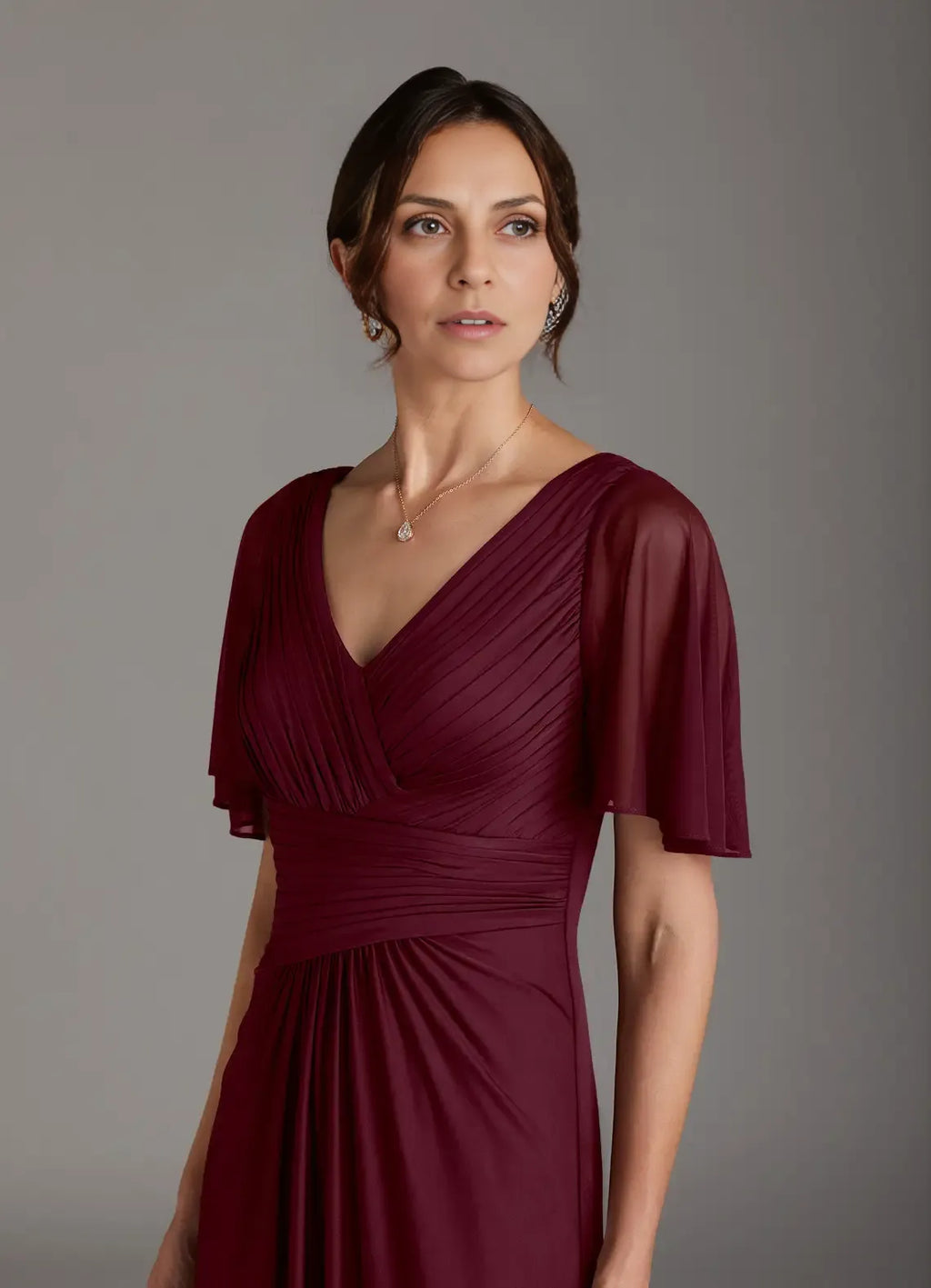 A-Line V-Neck Flutter Sleeve Back Zip Floor-Length Mother of the Bride Dress