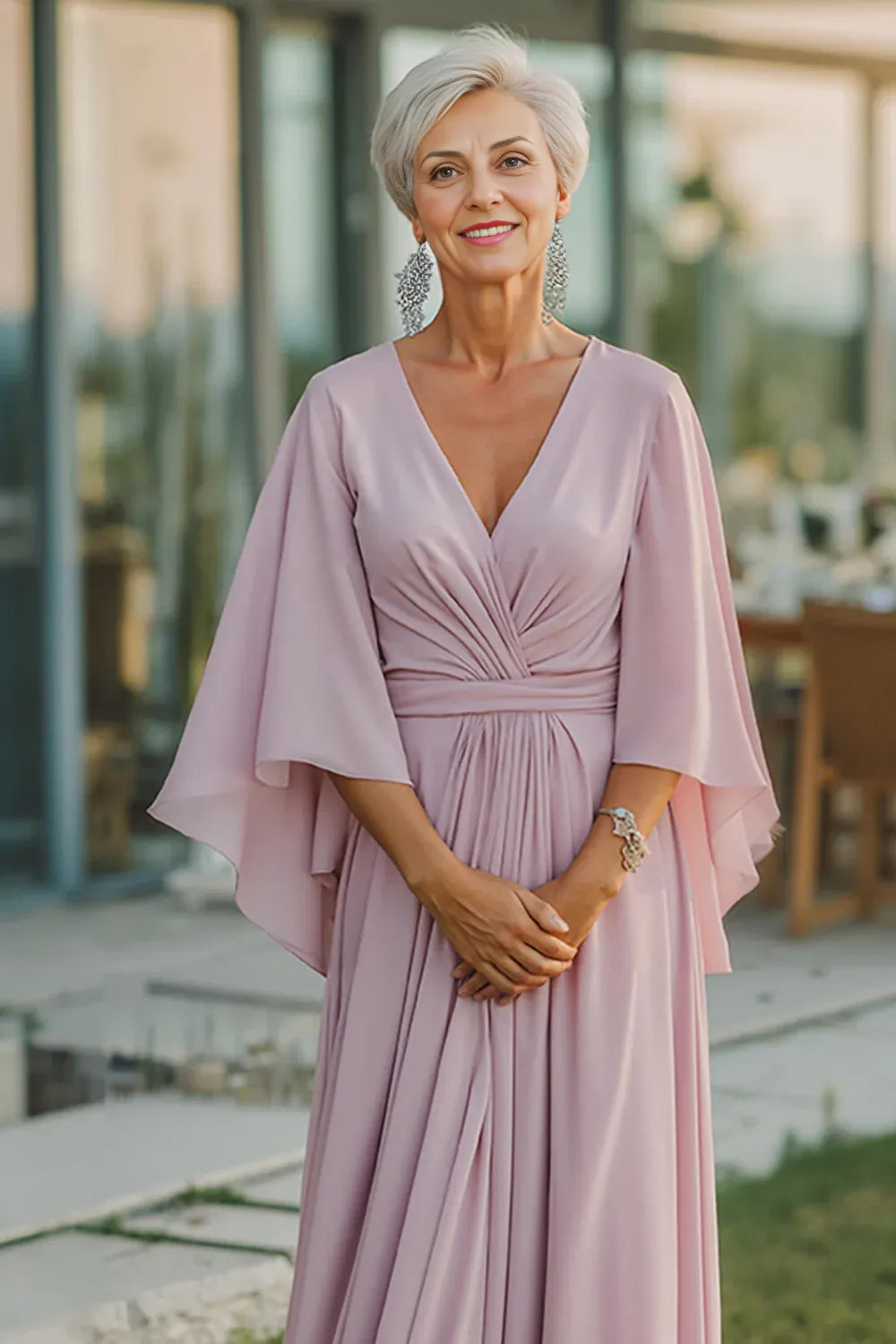 A-Line V-Neck Flutter Sleeve Backless Floor-Length Mother of the Bride Dress